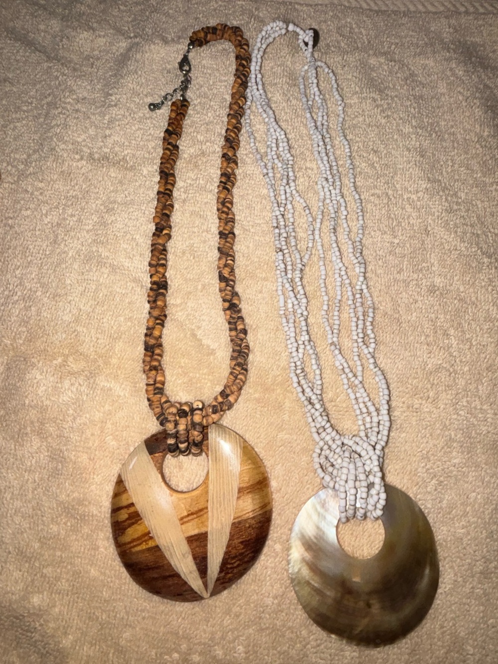 Two-Piece Women's Beaded Pendant Necklace Set - Brown and White